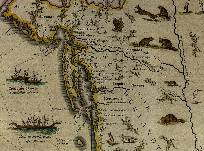 Hand-colored 17th-century map of New England and the Mid-Atlantic, from Penobscot Bay to Chesapeake Bay