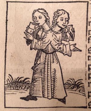 Woodcut of two people drinking from cups